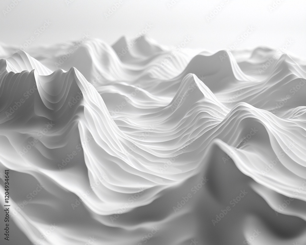 Fototapeta premium Abstract white 3D landscape with smooth, flowing waves and peaks.