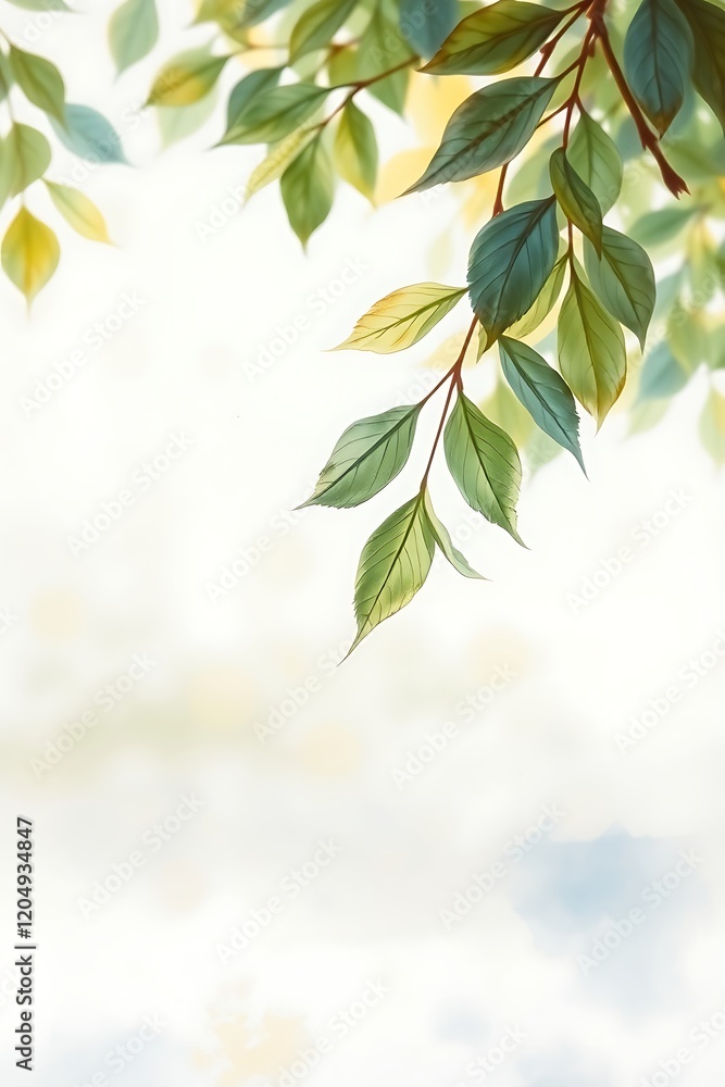 Green leaves on a branch against a bright background. Green leaves on a branch against a bright background.
