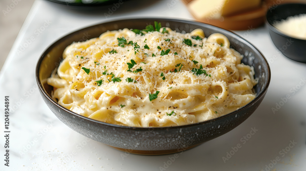 a bowl of creamy pasta alfredo topped with grated parmesan and parsley a bowl of creamy pasta alfredo topped with grated parmesan and parsley