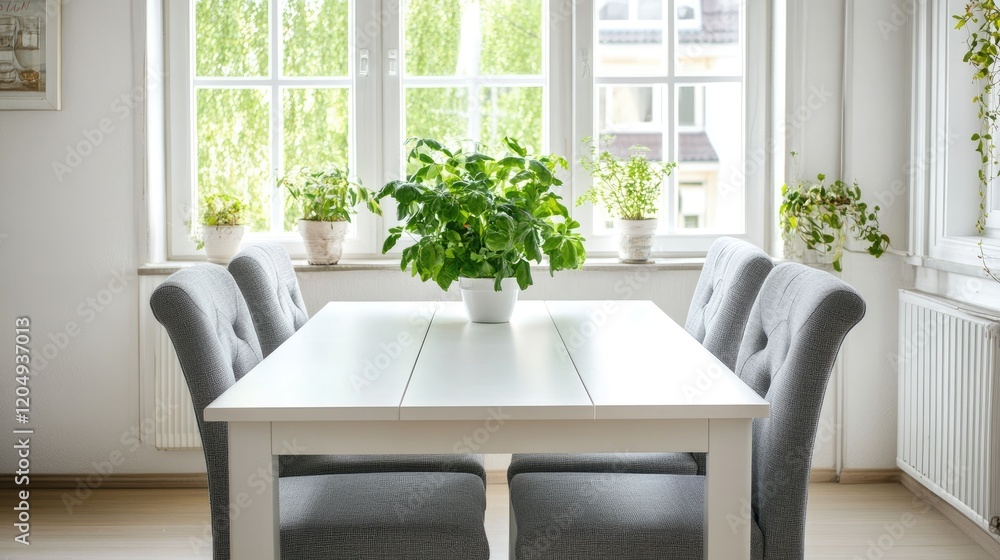 Fototapeta premium A bright dining room featuring a rectangular white table, gray upholstered chairs, and large windows