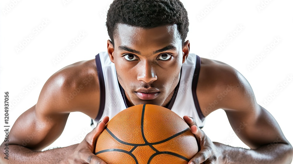 A focused basketball player in a jersey gripping a ball with both hands, isolated on a white background. A focused basketball player in a jersey gripping a ball with both hands, isolated on a white background.