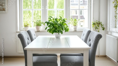 Wallpaper Mural A bright dining room featuring a rectangular white table, gray upholstered chairs, and large windows Torontodigital.ca