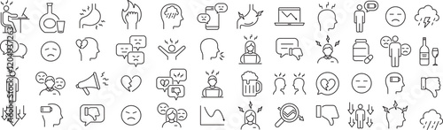 ベクターでモノクロのストレスに関する線画アイコンセット