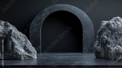 Striking black background with clean arches and delicate stones, designed for luxurious product presentation photo