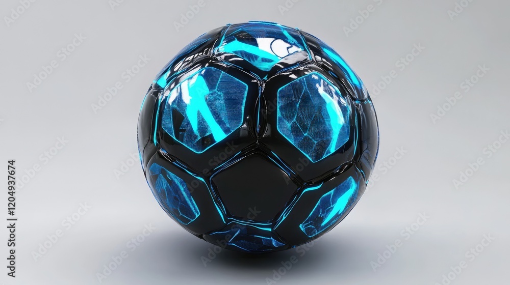 Fototapeta premium A glossy soccer ball with futuristic blue and black accents, floating against a white background.