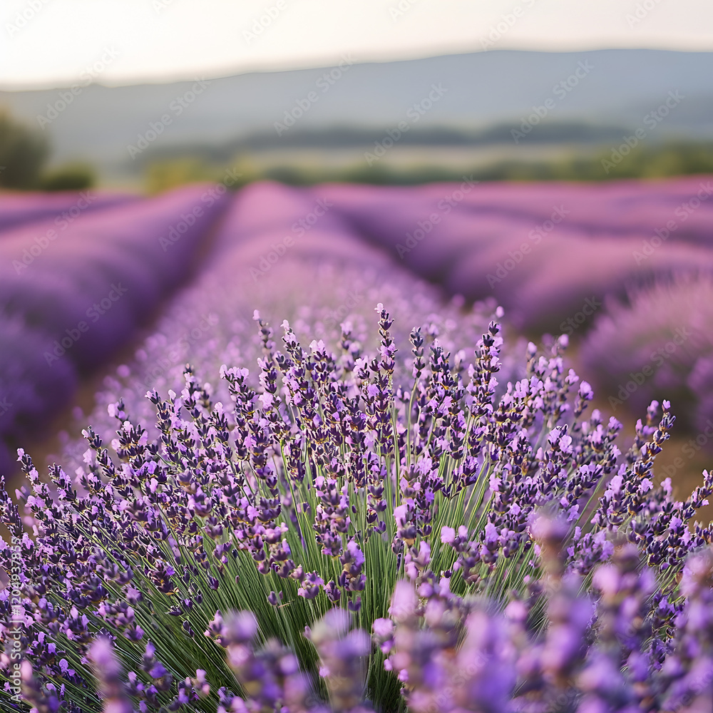 Obraz premium Lavender Fields at Dawn: A breathtaking view of a vast lavender field bathed in the soft light of sunrise, the rows of purple blooms extending into the distance, creating a mesmerizing landscape. 