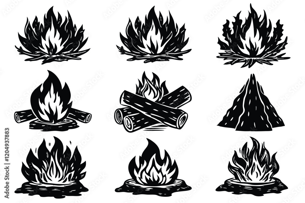 Silhouette Hand drawn black bonfire Vector illustration of fire in sketch engraving style Silhouette Hand drawn black bonfire Vector illustration of fire in sketch engraving style