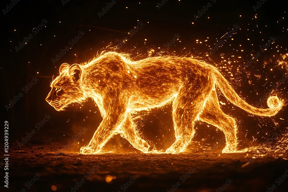 Fiery Lioness Walking at Night Fiery Lioness Walking at Night
