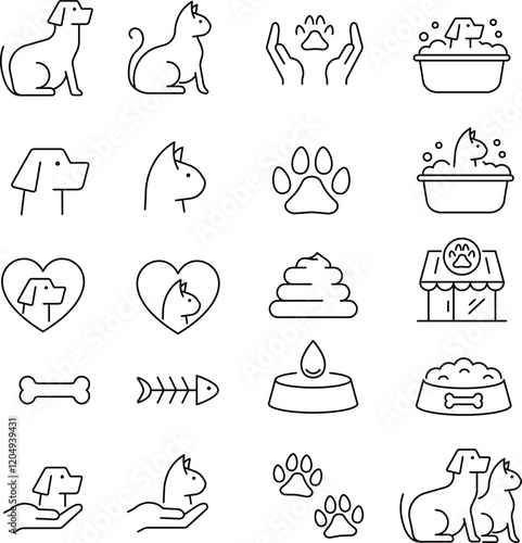 ベクターの犬猫に関する線画アイコンセット