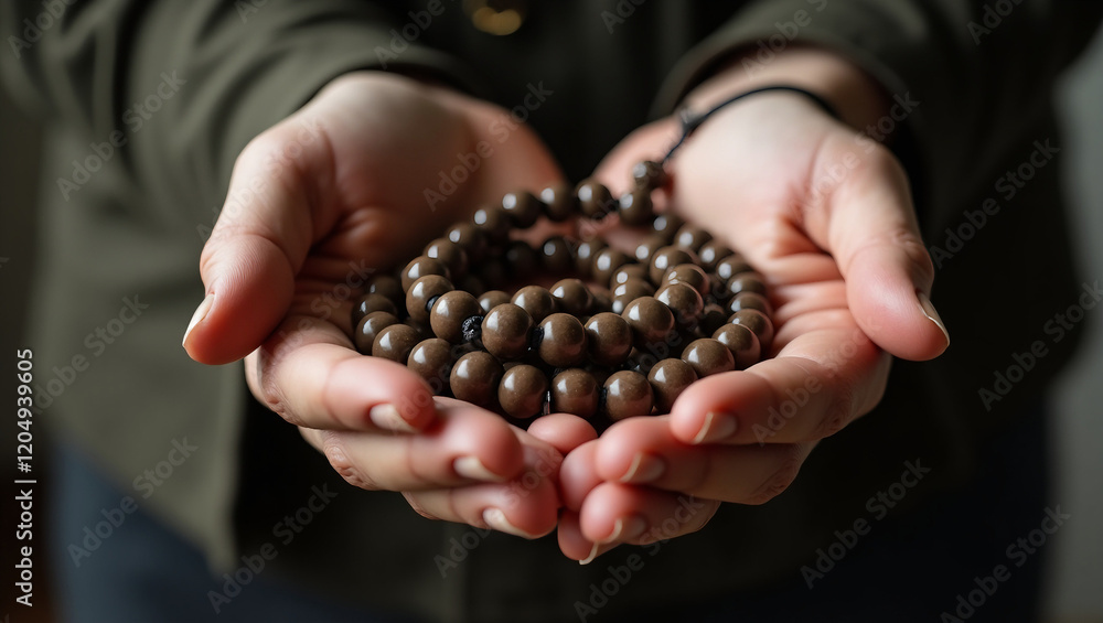 Prayer Beads in Hands: Close-up of hands gently cradling a strand of dark brown prayer beads, a serene image evoking spirituality and contemplation. Prayer Beads in Hands: Close-up of hands gently cradling a strand of dark brown prayer beads, a serene image evoking spirituality and contemplation.