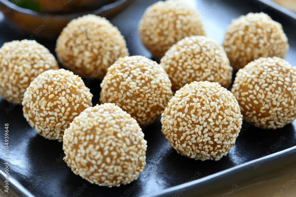 delicious display of sesame balls on a modern black plate, showcasing their crispy golden-brown outer layer and the enticing sweet filling within delicious display of sesame balls on a modern black plate, showcasing their crispy golden-brown outer layer and the enticing sweet filling within