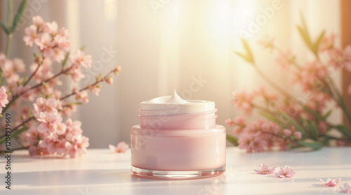 Wallpaper Mural Cosmetic Jar Mockup, Cream Jar with Pink Flowers on Table for Beauty Product Display Torontodigital.ca