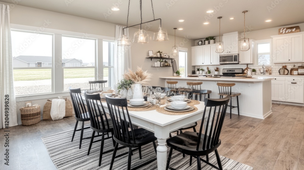 A contemporary dining area with a white table, chic black chairs, and a view of the open kitchen A contemporary dining area with a white table, chic black chairs, and a view of the open kitchen