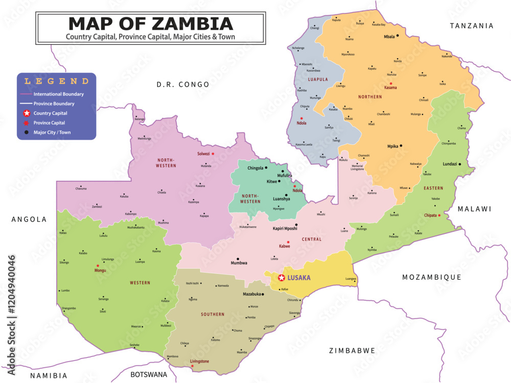Obraz premium African Countries Geography Political map. Uganda Political map of country with capital, province or state capital, major cities and town.