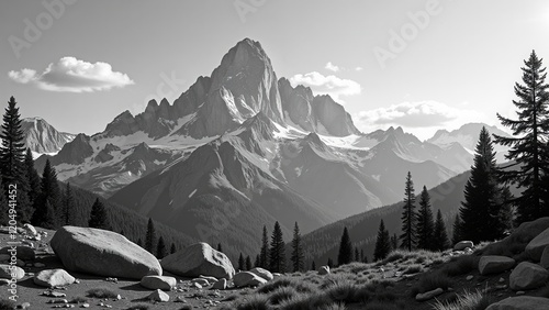 A timeless black-and-white vista of majestic mountains, shadowed by scattered, towering rocks amidst the foreground. To the right, an expansive grassy field dotted with rocky outcrops stretches into i