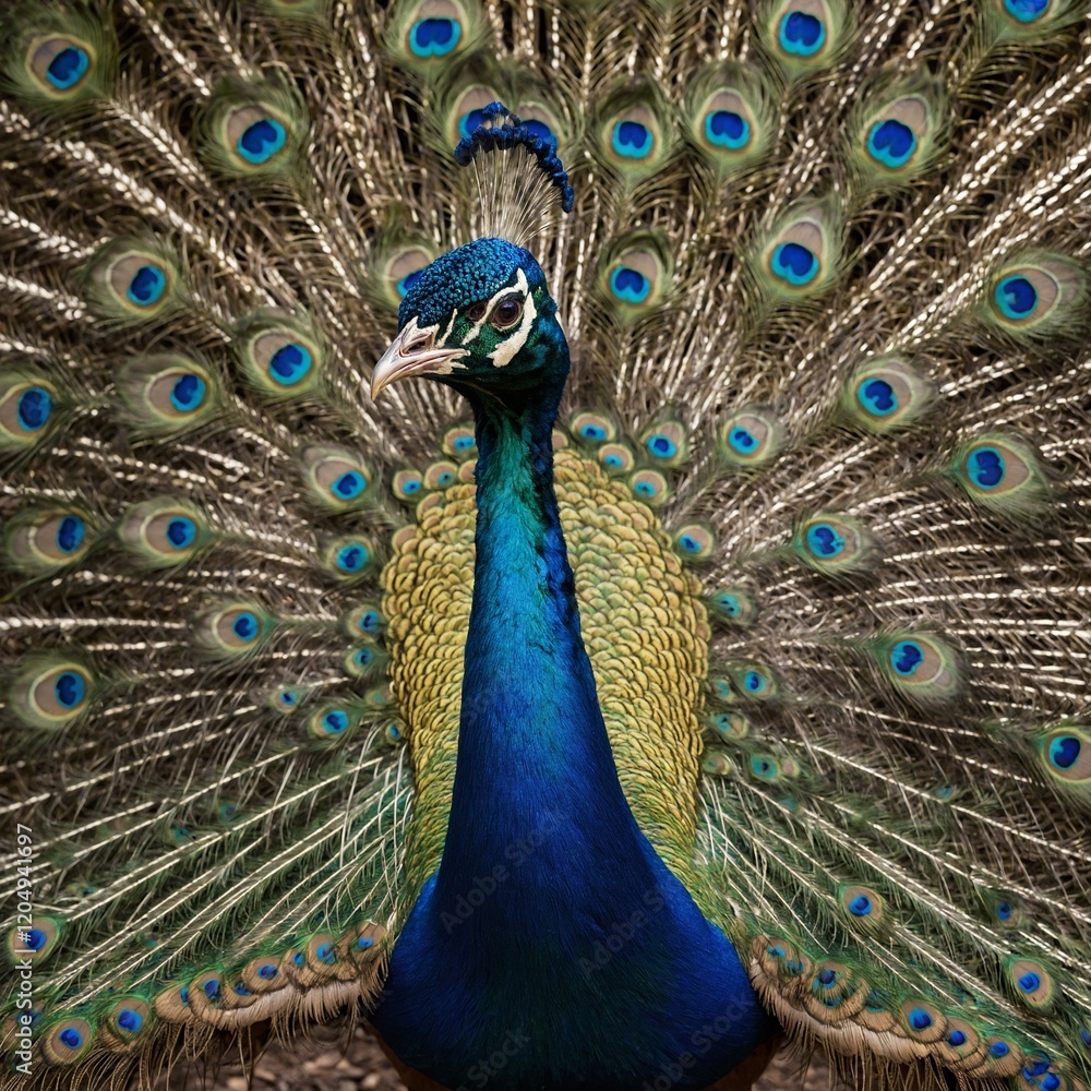Obraz premium Peacock Displaying Feathers: A peacock spreading its vibrant iridescent feathers in full display. The intricate patterns of blues, greens, and golds contrast sharply with the plain white background.