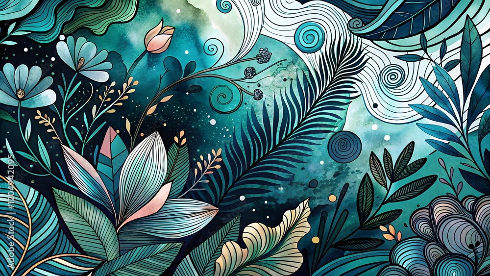 Naklejka premium Intricate Botanical Design in Teal and Gold with Mystical Elements