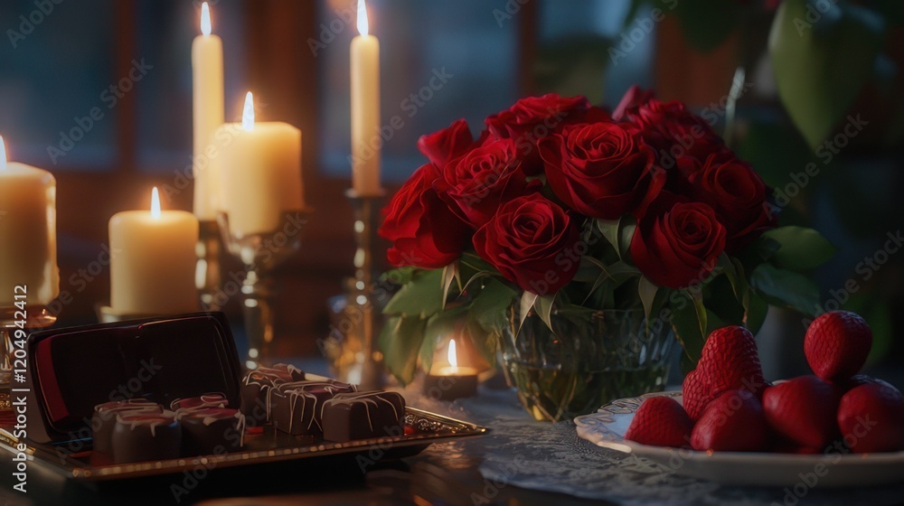 Obraz premium A romantic picnic setting with chocolates, roses, and wine, with 