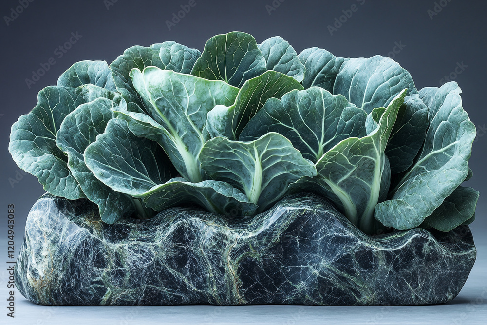 Fototapeta premium Green Cabbage Leaves in a Marble Stone Container