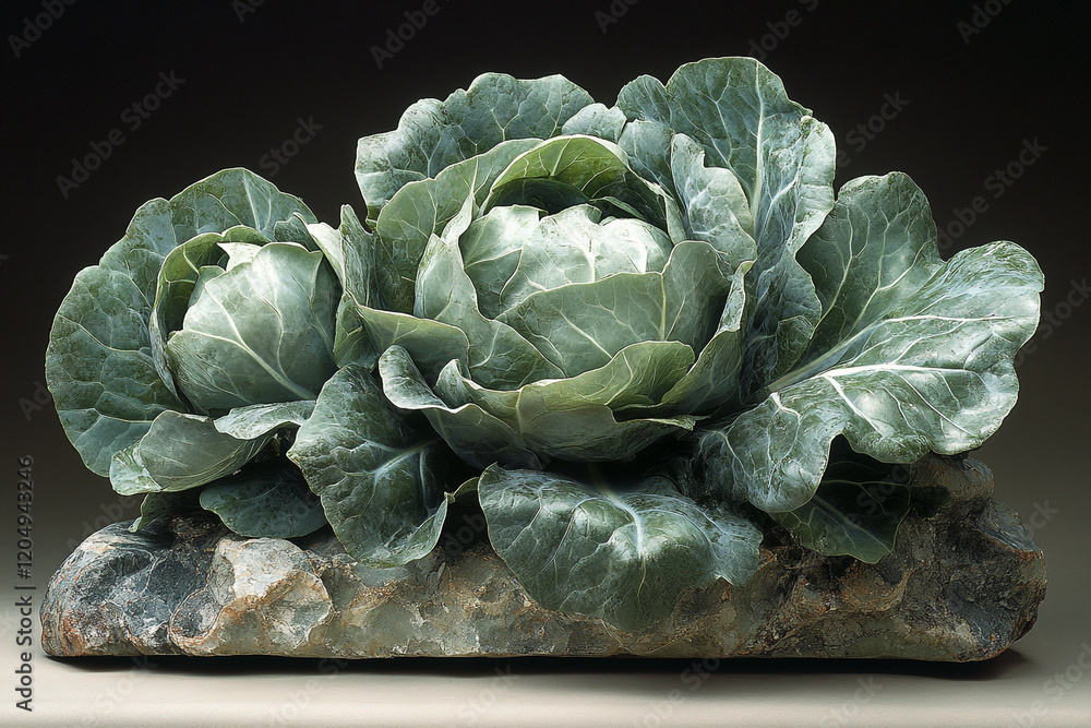 Obraz premium Two Green Cabbages Resting On A Rough Stone