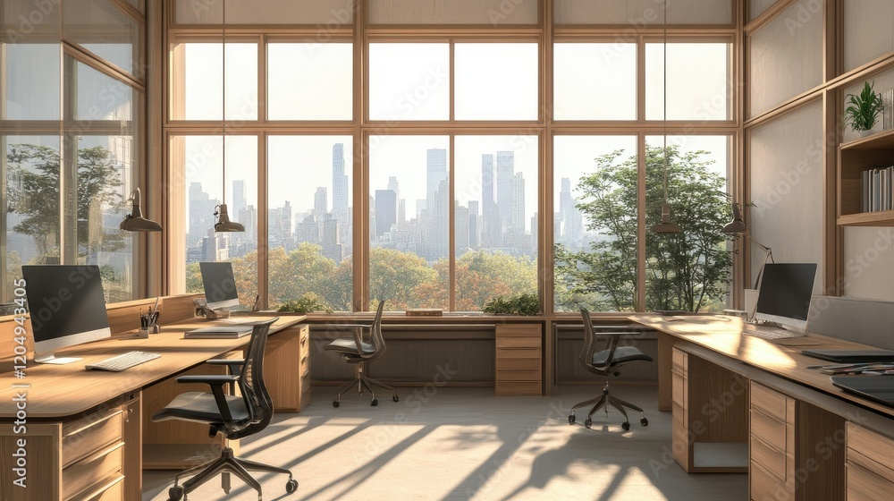 A minimalist workspace with simple desks, modern chairs, and a view of a city skyline through expansive windows. A minimalist workspace with simple desks, modern chairs, and a view of a city skyline through expansive windows.