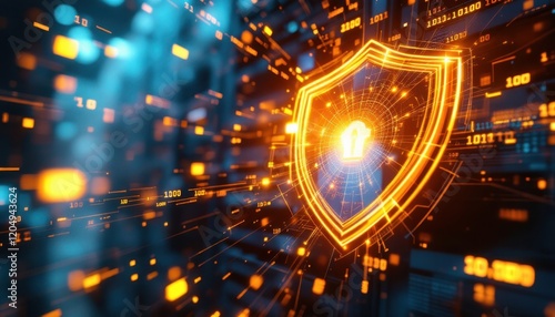 Futuristic digital security concept with glowing shield and lock symbol