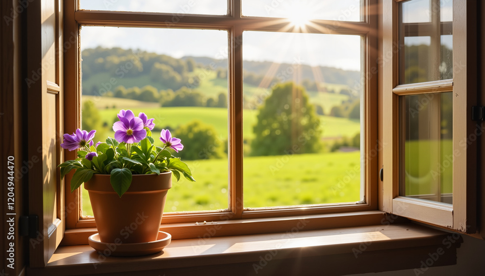 custom made wallpaper toronto digitalVibrant purple flowers in a terracotta pot on a sunny windowsill with a picturesque countryside view