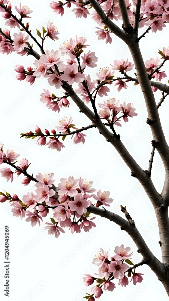 Delicate pink almond blossoms in full bloom against a bright white background. Beautiful spring floral image. Delicate pink almond blossoms in full bloom against a bright white background. Beautiful spring floral image.