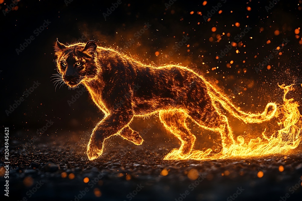 Fiery Wildcat Running at Night Fiery Wildcat Running at Night