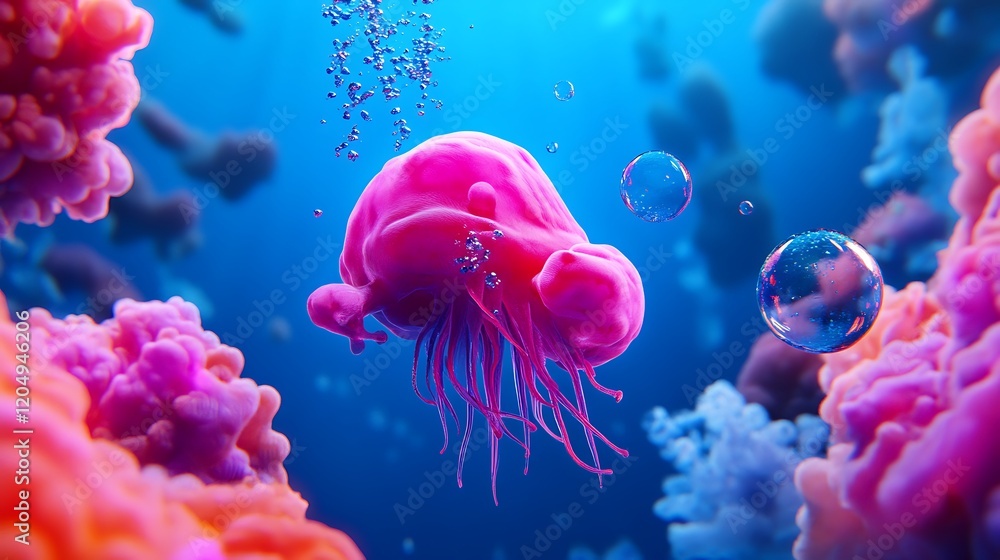 Naklejka premium Pink jellyfish underwater with bubbles