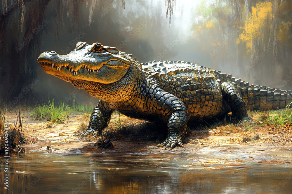 Fototapeta premium Majestic Alligator Resting By Swamp Water