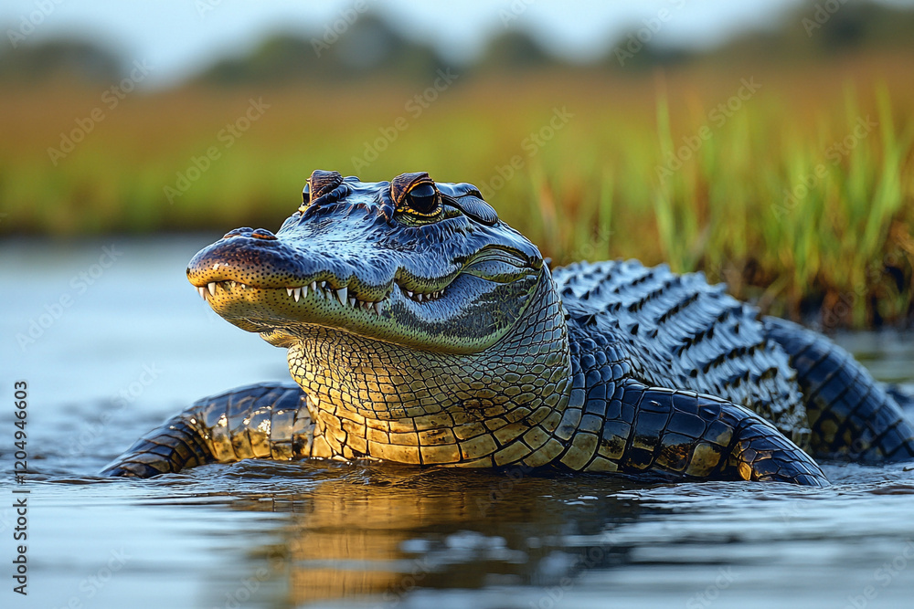 Obraz premium Young Spectacled Caiman In Aquatic Habitat