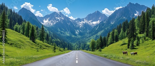 Scenic mountain road with cows grazing.