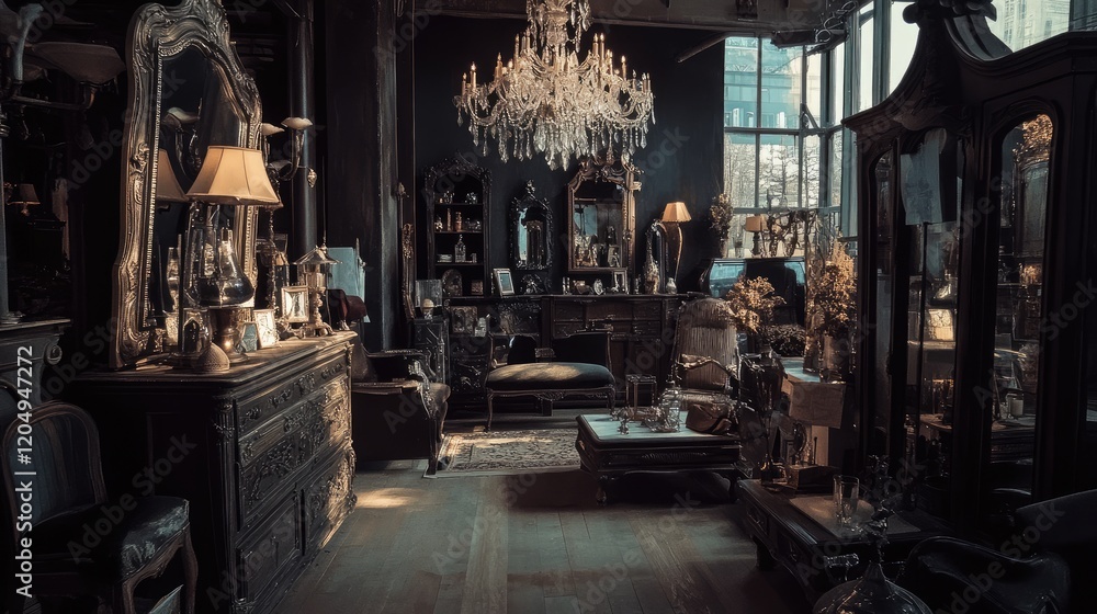 Naklejka premium A home decor store with a variety of decorative items like mirrors, lamps, and furniture set against a stylish backdrop