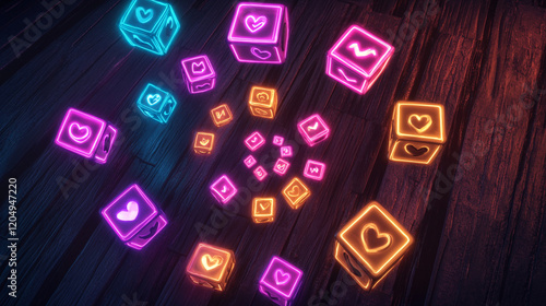 Cubes with vibrant, neon emotions, arranged in a spiral on a dark wooden background, illustrated with a glowing, electric style