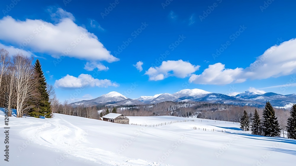 Obraz premium Snowy landscape with barn and mountains