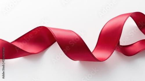 Crimson ribbon curls elegantly across a pristine white backdrop, casting delicate shadows from bottom left to top right. Its vibrant hue and intricate folds create an alluring dance of light and textu photo