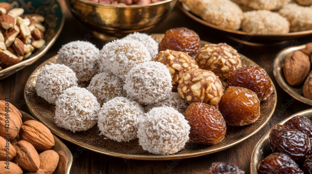 assortment of traditional Ramadan sweets, featuring date balls rolled in coconut, syrupy qatayef stuffed with nuts, and fragrant rosewater-infused halva, perfect for iftar assortment of traditional Ramadan sweets, featuring date balls rolled in coconut, syrupy qatayef stuffed with nuts, and fragrant rosewater-infused halva, perfect for iftar