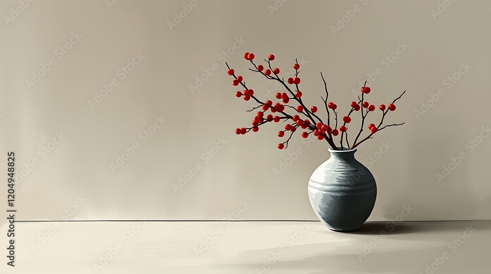 Red berries in a gray vase against a beige wall. Red berries in a gray vase against a beige wall.
