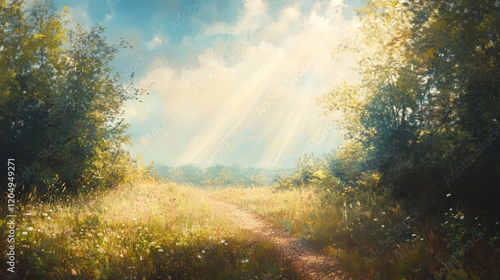 Sunlit Path Through Lush Summer Meadow Landscape Sunlit Path Through Lush Summer Meadow Landscape
