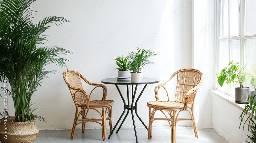 A minimalist dining area showcasing a sleek metal table, designer rattan chairs, and decorative plants A minimalist dining area showcasing a sleek metal table, designer rattan chairs, and decorative plants