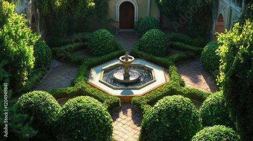 A secluded labyrinth of green bushes with a small fountain at the center, creating a serene atmosphere. photo