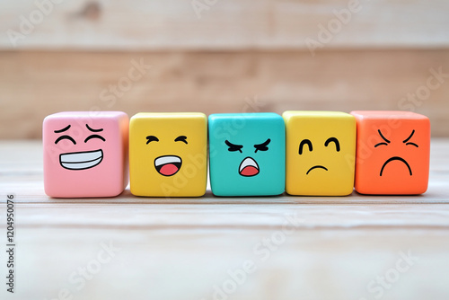 Emotion cubes with a matte finish, placed neatly in a row on a light wooden background, emphasizing a clean, minimalist illustration style