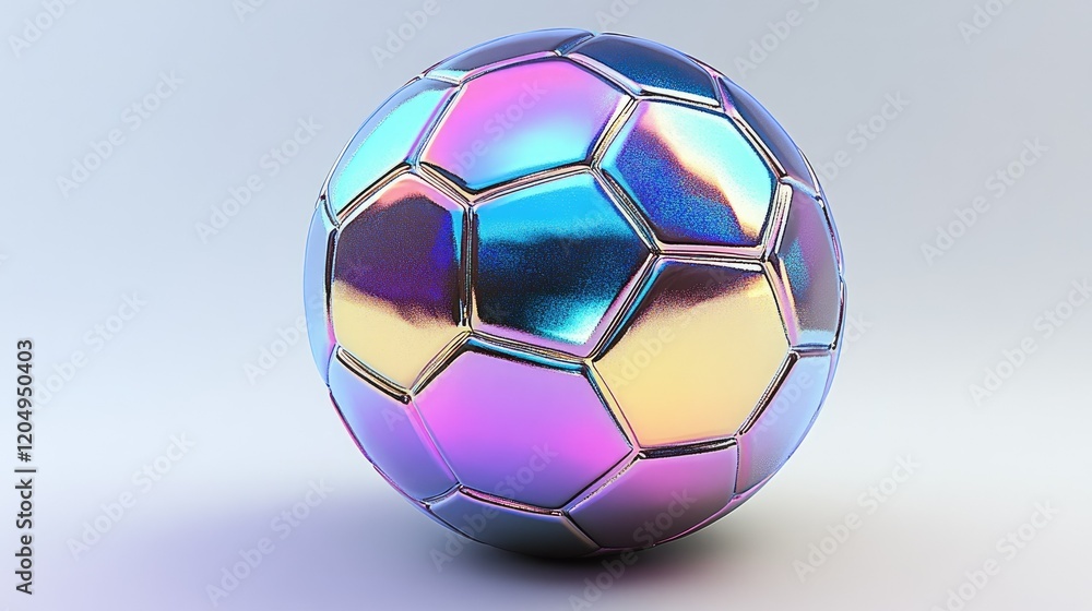 Fototapeta premium A shiny soccer ball with metallic accents and a holographic finish, highlighted on a white background.