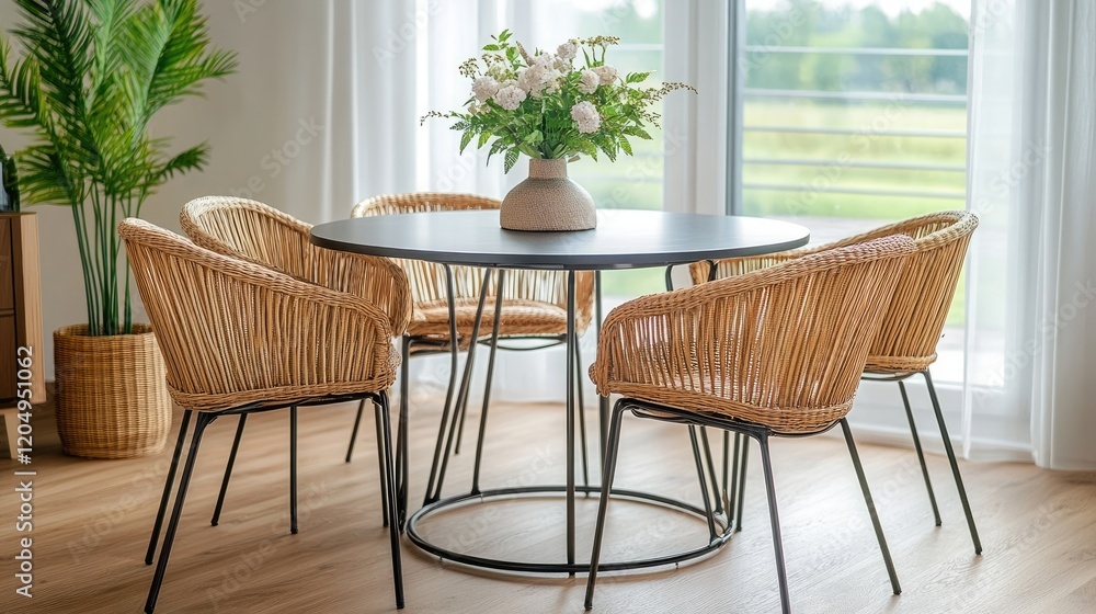 Fototapeta premium A modern dining area featuring a sleek metal table adorned with a vase of flowers, surrounded by four rattan chairs in a stylish interior