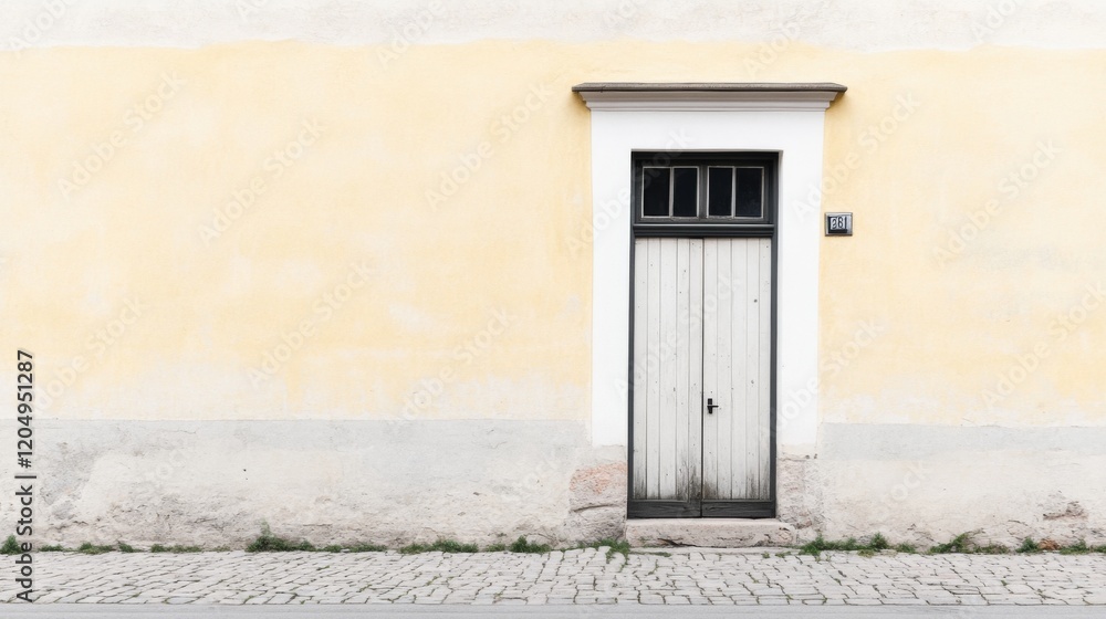 Fototapeta premium Old white door on a pale yellow wall.