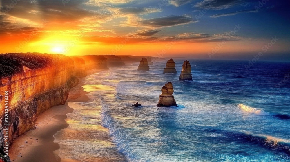 Fototapeta premium Sunset at Coastal Cliffs, Twelve Apostles, Travel Stock Photo