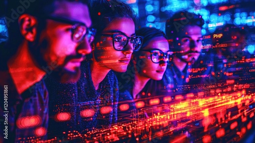 Team of PHP developers collaborating on an innovative e-commerce project in a modern workspace