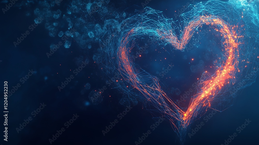 Abstract heart with a dark blue background, low-poly wireframe, glowing particles, and copy space for modern design. Abstract heart with a dark blue background, low-poly wireframe, glowing particles, and copy space for modern design.