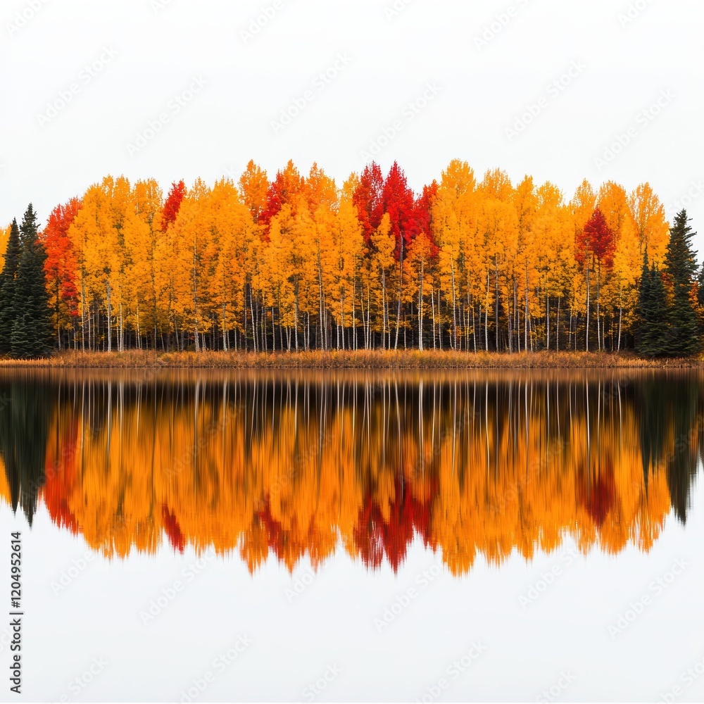 Obraz premium Autumnal Reflection Golden Aspen Trees Mirrored in Still Water